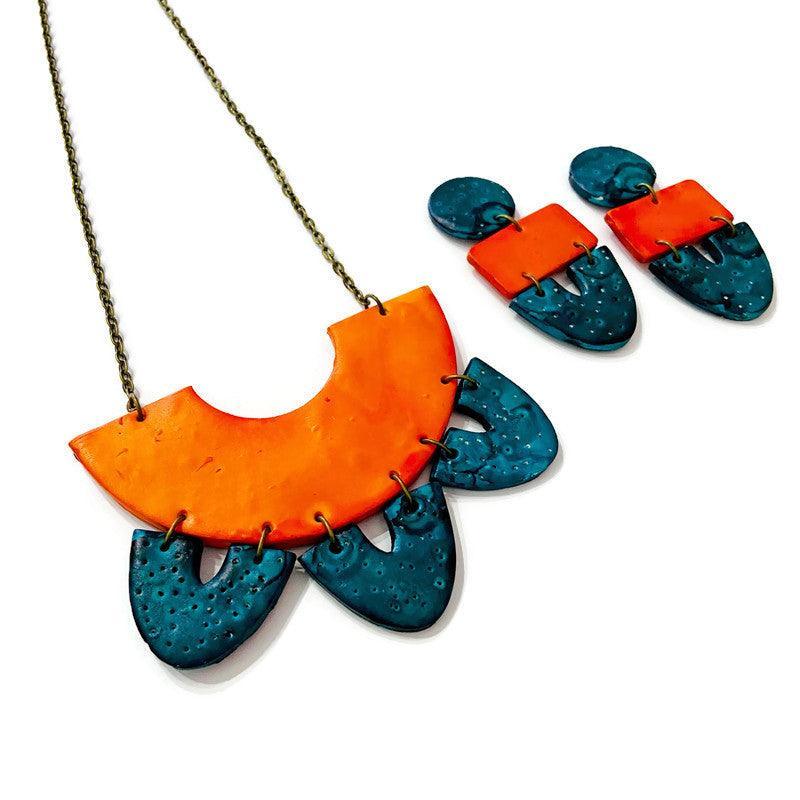 Unique Statement Necklace in Orange & Teal-2