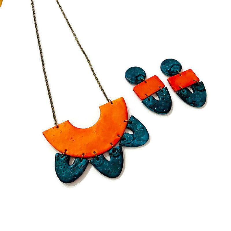 Unique Statement Necklace in Orange & Teal-5